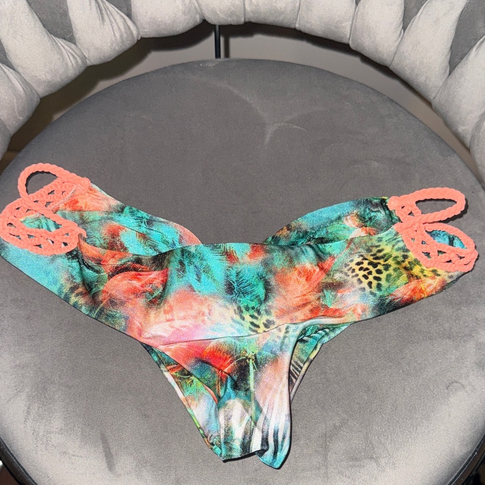 Luli Fama Multicolor Tropical Print Bikini Bottom with Coral Straps